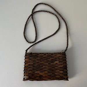 Vintage Lacquered Diamond Shape Wood Crossbody Bag with Beaded Strap